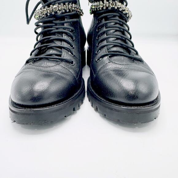 JIMMY CHOO Cruz Flat Black Grainy Leather Combat Boots with Crystal Detail - Picture 9 of 16